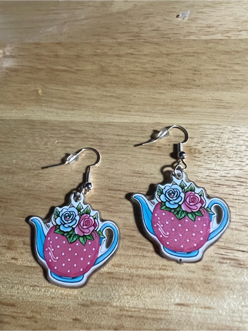 Floral Teapot Dangle Earrings - Pink & Blue E188